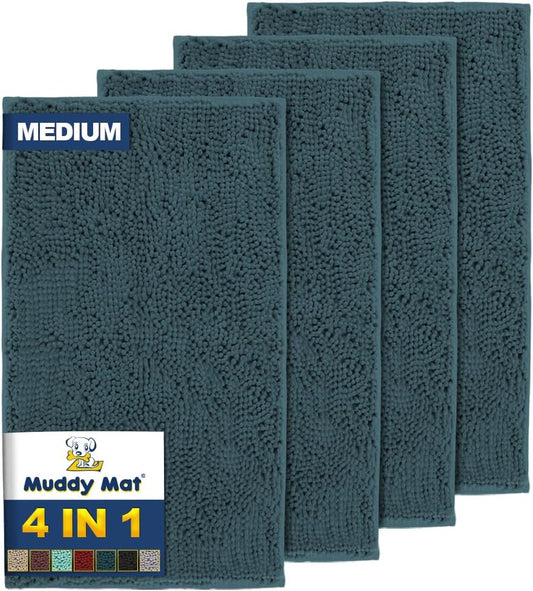 Muddy Mat® 4-Piece Atlantic Blue Medium 30"X19" AS-SEEN-ON-TV Highly Absorbent Microfiber Door Mat, Bath Mat and Pet Rug, Non Slip Thick Washable, Soft Chenille for Kitchen Bedroom Indoor and Outdoor