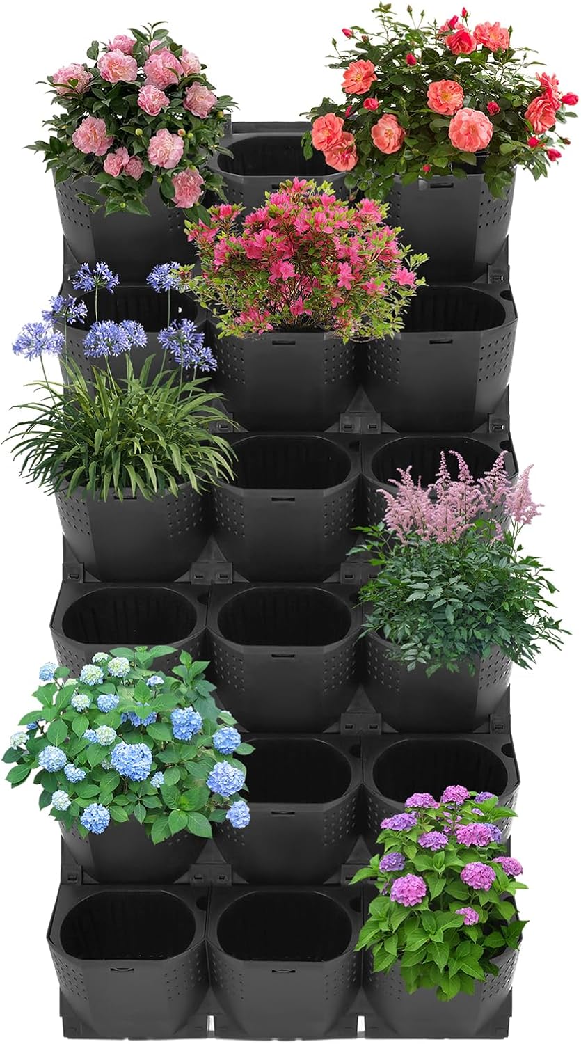 12Pieces 3-Pot Wall Planter Vertical Garden Plant Walls Wall Mounted Vertical Planter with Water-Storage Layer Stackable Wall-Mounted Flower Pot for Gardens, Balconies 180.78lbs Total Capacity (Black)
