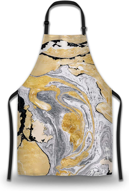Funny Aprons for Adults Women Gold and Black Marble Women Apron for Kitchen Cooking Restaurant BBQ Painting Crafting Gardening 27” (W) x 31” (H), Waterproof Apron