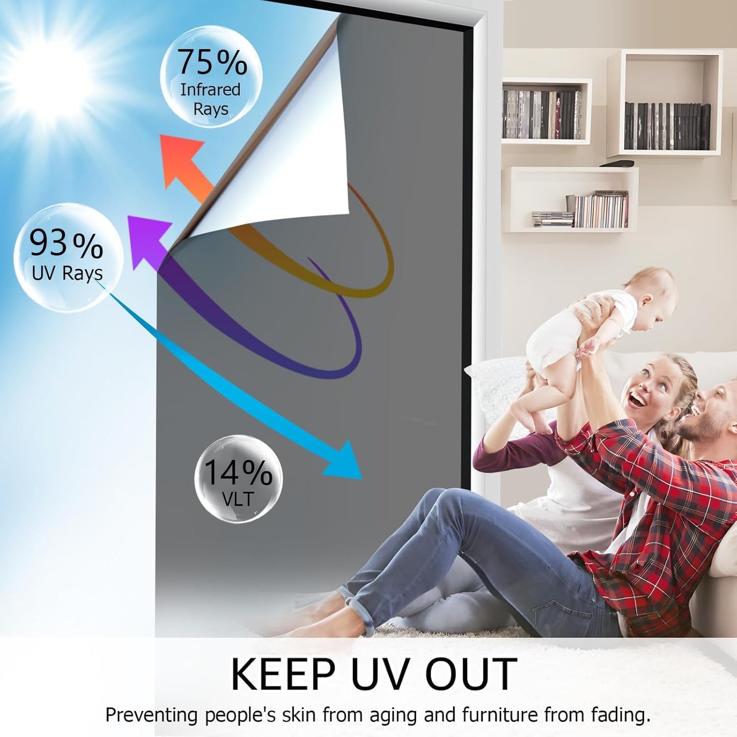 HIDBEA One Way Window Film, Daytime Privacy Sun Blocking Reflective Window Film No Glue Static Cling Heat Control Window Tinting Film for Home and Office, Black Silver, 29.5 x 78.7 Inch