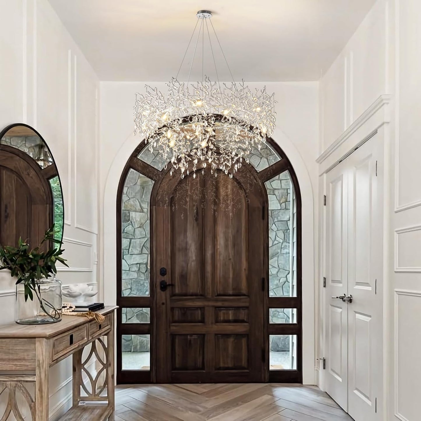 14-Light Modern Living Room Crystal Chandeliers,48" Round Silver Tree Branche Chandelier,Silver K9 Crystal Chandeliers for Dining Room,High Ceiling,Entryway、Foyer