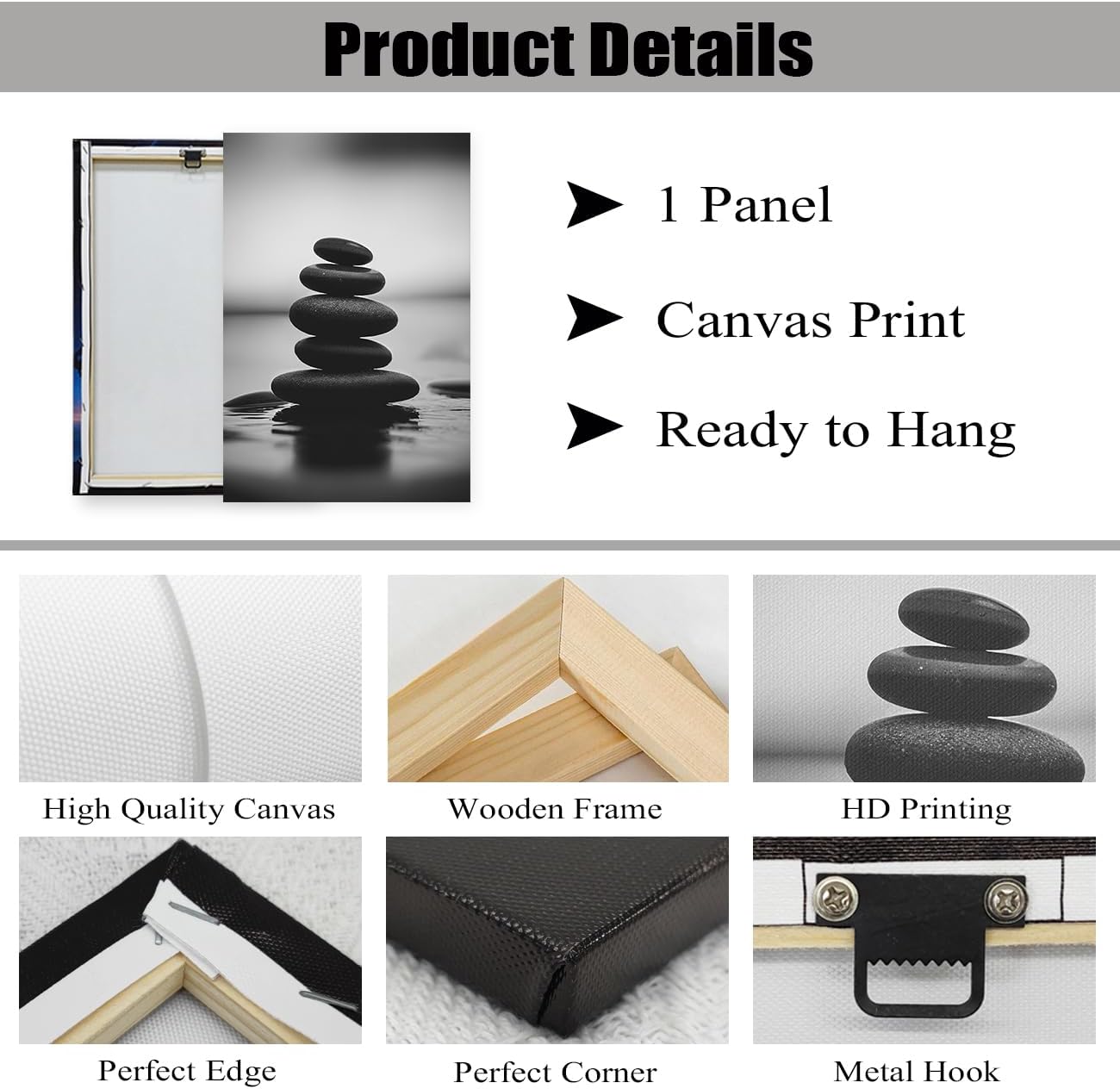 DOARTDO Zen Canvas Wall Art Black and White Zen Stone Picture Print Meditation Relax Spirit Spa Room Bathroom Decor Frame (16.00" x 24.00", Zen Stone - 3)