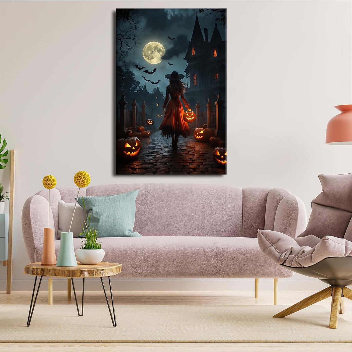 Halloween theme poster moonlit autumn night witch vintage poster art print dark college style gothic painting canvas wall decoration bedroom living room ideal gift16x24in Wood Framed