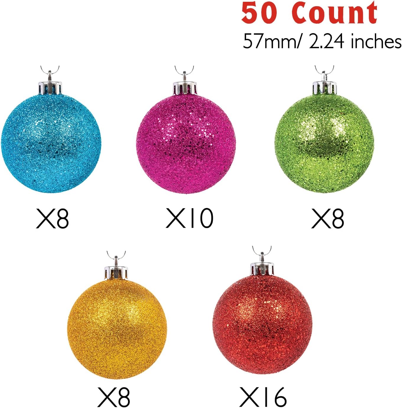 Every Day is Christmas Ornaments, Shatterproof Christmas Tree Ornament Set, Christmas Balls Decoration 50 Count (2.24"/57mm, Glitter Rainbow)
