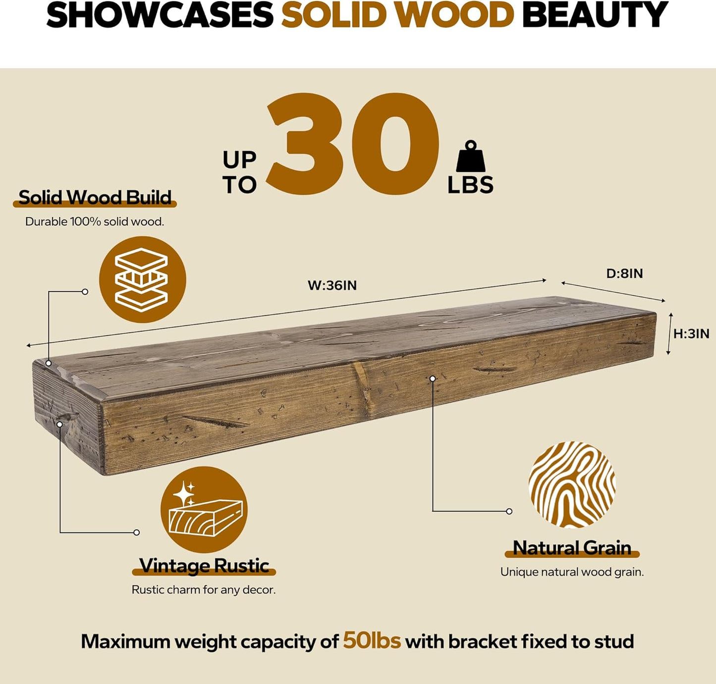 Floating Shelves 3 inch Thick for Wall Set of 2,Solid Pine Wood Wall Mount Shelf for Kitchen Living Room Bedroom Bathroom,8" D x 36" L x 3" H-Distressed Black Walnut