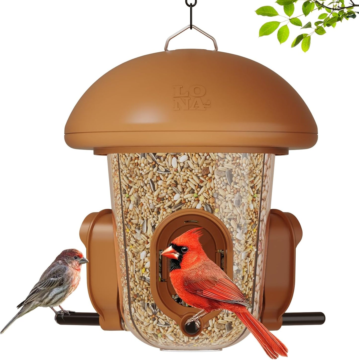 LONA Bird Feeders for Outdoors Hanging – 3 Separate Compartments, 3 Feeding Ports, Weatherproof Dome & 3 Ways to Hang, Large Capacity for Cardinals/Finches (Brown