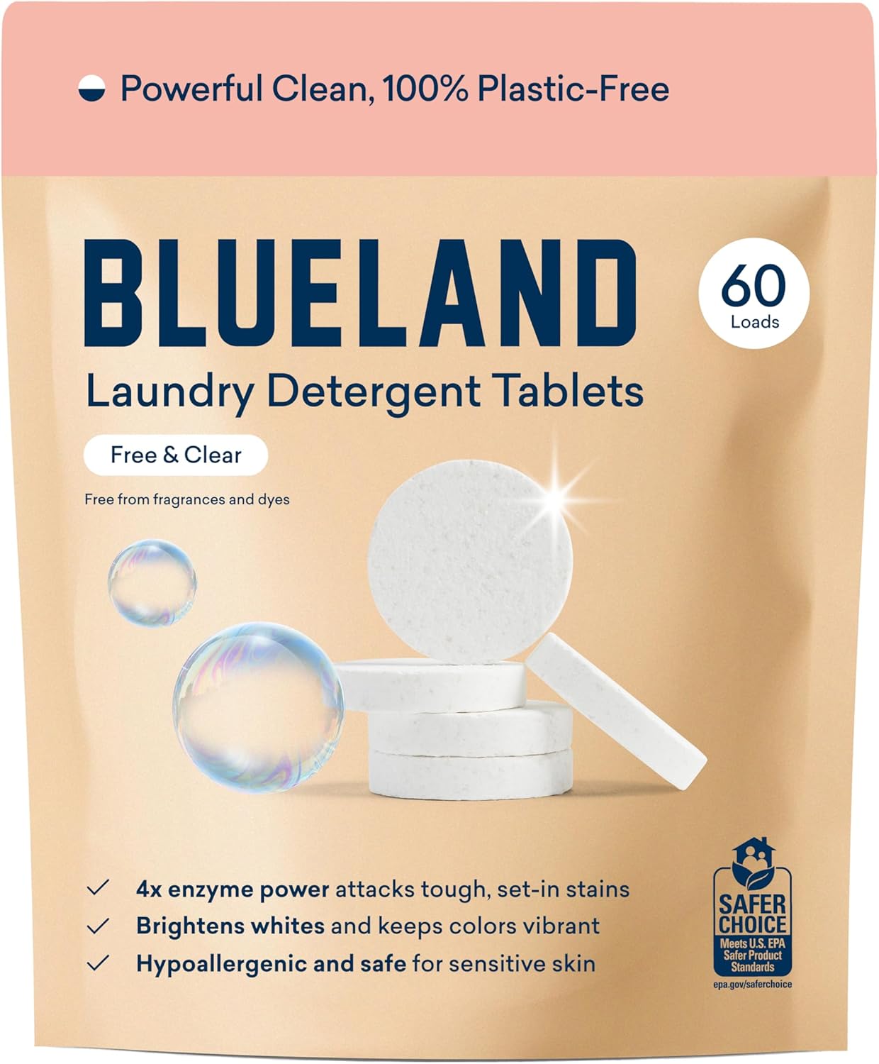 BLUELAND Laundry Detergent Tablets, 60 Count, Plastic-Free Eco-Friendly Pods, Sheets, Liquid Alternative - Fragrance Free and Clear, Natural, Gentle
