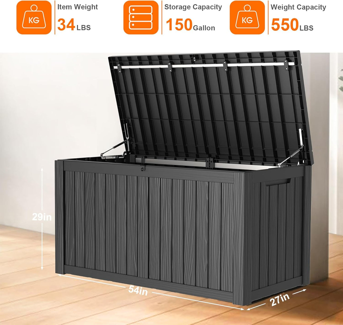 150 Gallon Resin Deck Box, Lockable Patio Outdoor Storage Box for Furniture, Garden Tools and Tools Storage, Waterproof Outside Storage Boxes - Black