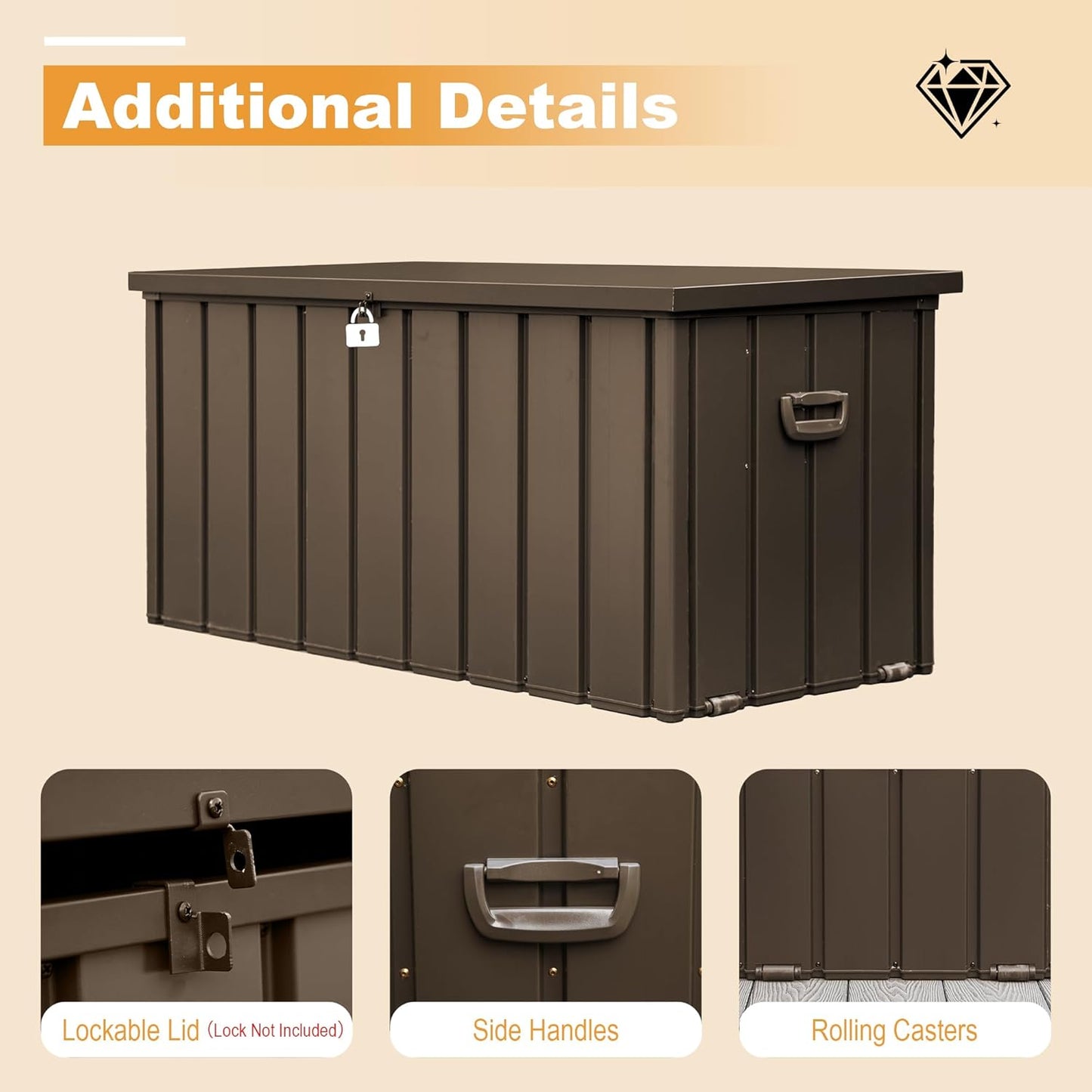 Domi 160 Gallon Deck Box, Outdoor Metal Lockable Storage Cabinet, Waterproof Steel Outdoor Bench with Lockable Lid, Side Handles & Rolling Casters for Outside Cushions, Pillows, Garden Tools, Brown