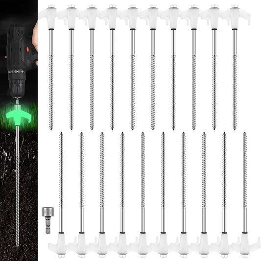 Hicarer 20 Pcs 20 Pcs 8'' Screw in Tent Stakes Heavy Duty Ground Metal Stakes for Inflatables with Hex Head Driver for Outdoor Camping Tent Inflatable Garden Decor (Luminous White)