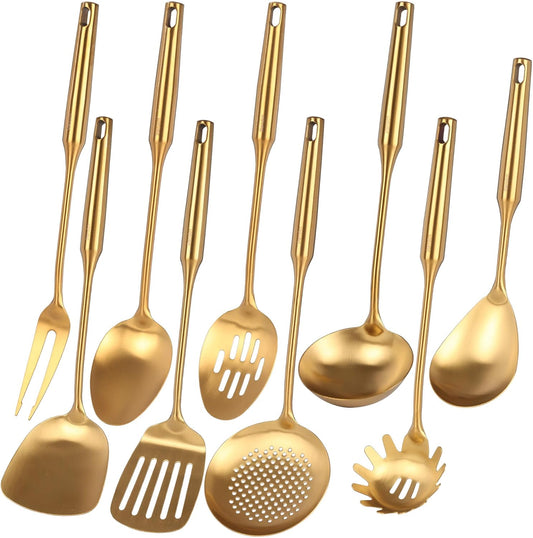 Gold Kitchen Utensils Set - 18/10 Stainless Steel Cooking Tools, 15" All Metal Serving Utensils with Fork, Solid/Slotted Spoon, Spatula, Ladle, Skimmer, Tunner, Pasta Spoon, Large Spoon, Set of 9