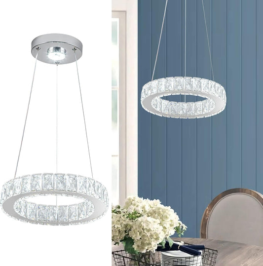 11.8" Crystal Chandelier LED Round Flush Mount Ceiling Light Fixture Modern Hanging Pendant Lighting Mini Ring Chandeliers for Dining Room Kitchen Island Hallway Bathroom (Cool White)