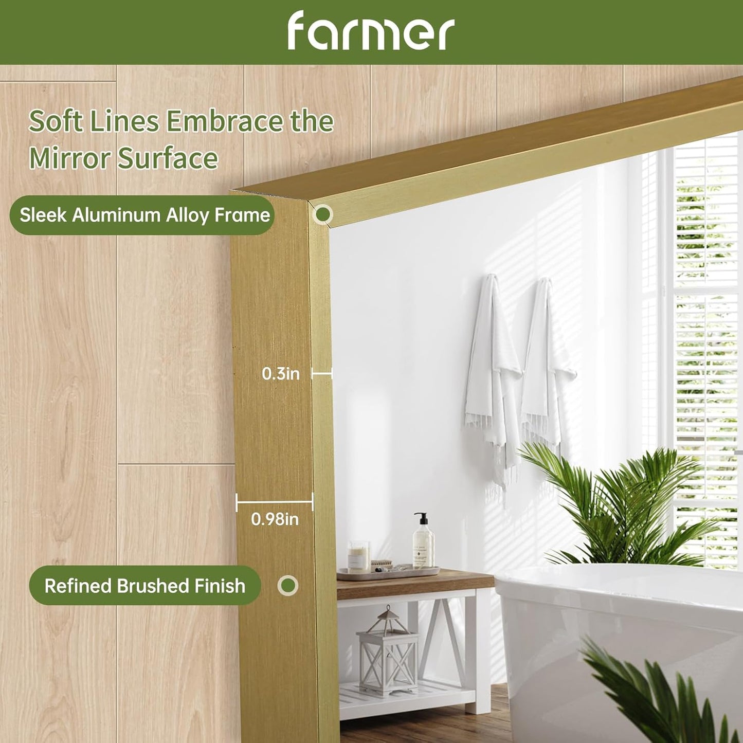 FARMER 22x30 Inch Gold Bathroom Mirror, Rectangle Wall Mounted Mirror, Vanity Mirror, Brushed Square Mirror, Framed Bathroom Mirror for Bedrooms, Entryways, Living Rooms, Horizontal/Vertical