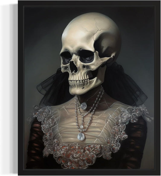 Female Skull Poster Art Print, Halloween Scary Vintage Wall Art Academia Spooky Painting Decoration for Horror Prints, Gothic Posters Bedroom Decor 89 (Female Skull, 16 x 20 inches, Black Frame)