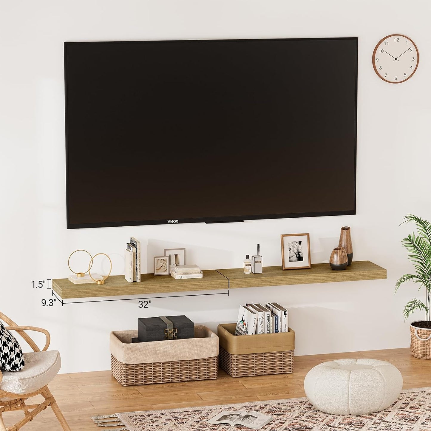 Heimlove 32 Inch Floating Shelves for Wall,Oak 9.3" Deep Floating Shelf Set of 2,Wall Mounted Shelves for Bathroom Bedroom Living Room Kitchen Office,Shelf for Books Storage Room,Home Decor