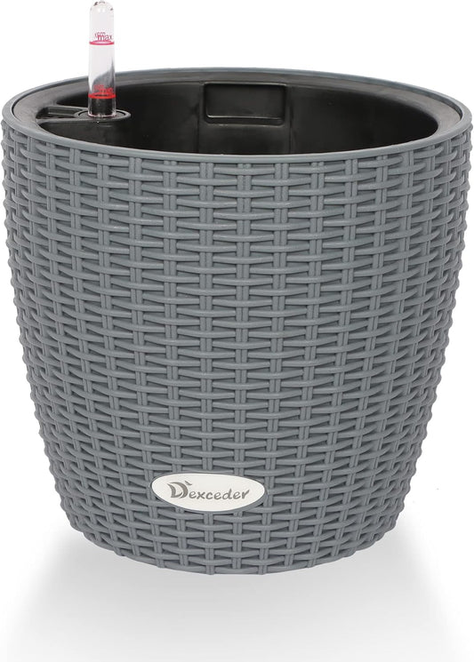 Dexceder 9x8 Inches Rattan Self Watering Planter Indoor Outdoor, Inner Pot Design, Thickened Table Flower Plant Pot with Water Level Indicator (Deep Gray)
