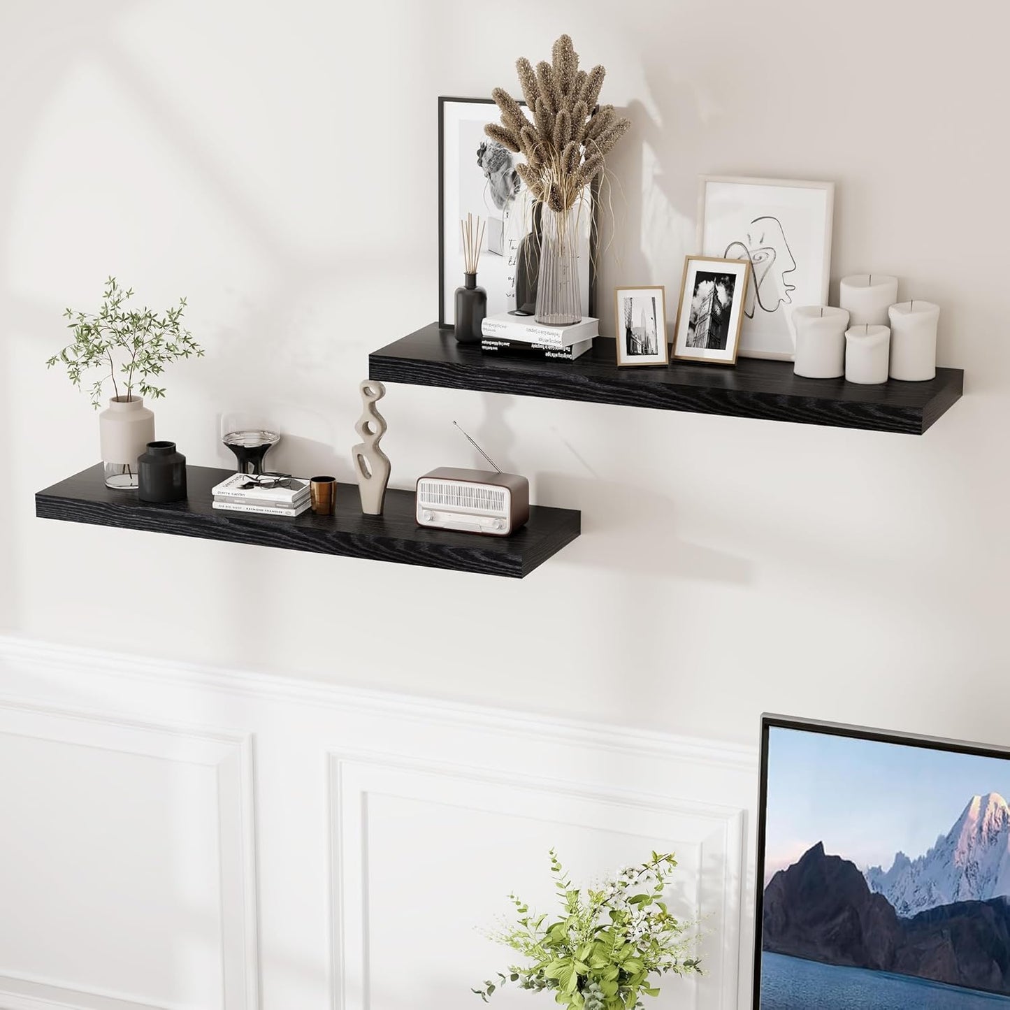 Fun Memories Black Floating Shelves 36 Inch Long, 9 Inch Deep Wall Shelves Set of 2, 36 x 9 Floating Shelf for Wall, Rustic Wood Floating Shelves for Kitchen, Living Room, Bedroom