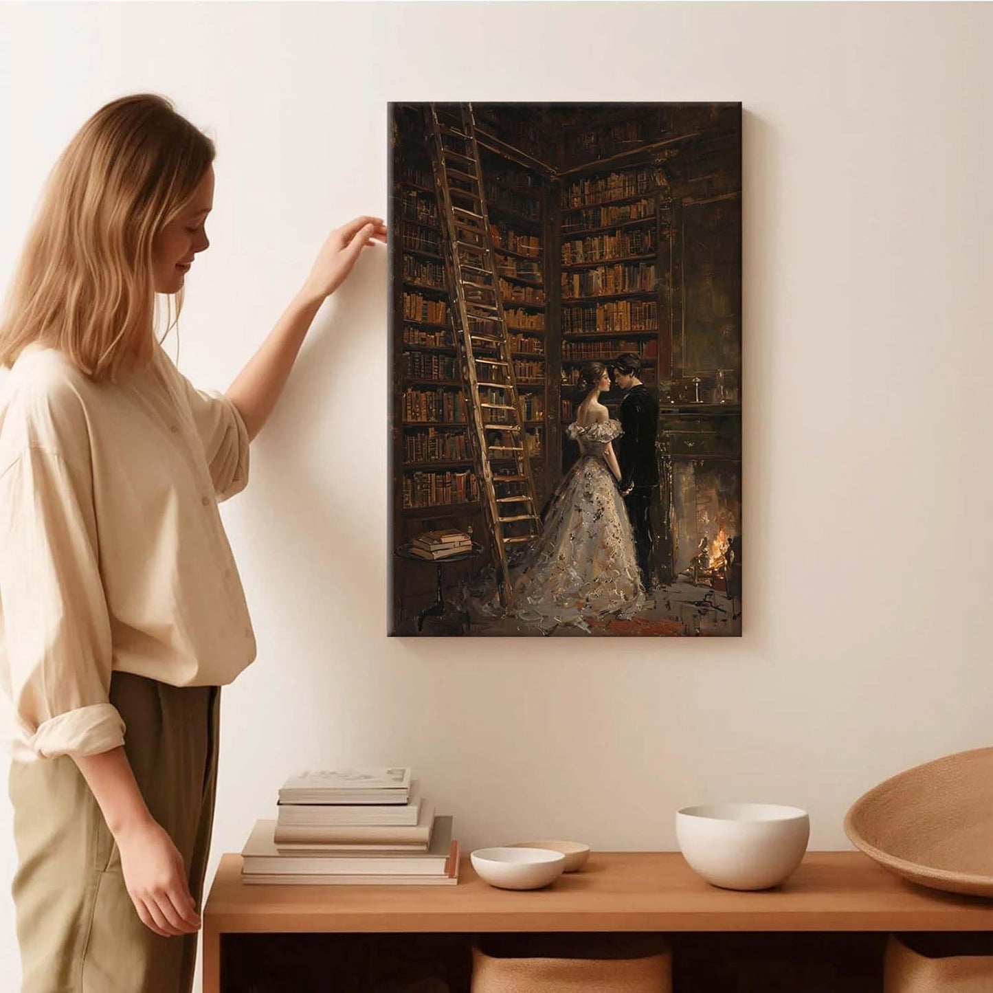Gothic retro library scene decoration melancholy calm art college style wall aesthetic antique style home decoration suitable for bedroom living room24x36in Wood Framed