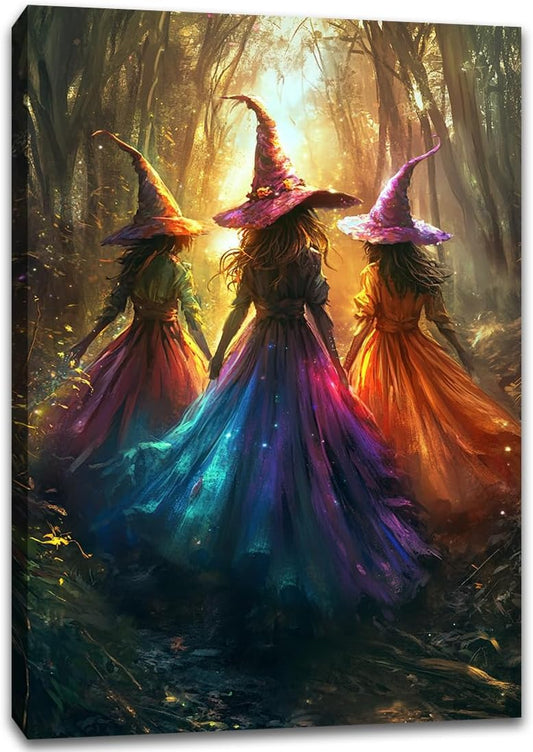 Halloween Room Decor Wall Art Colorful Witch Prints,Vintage Three Colorful Witches in Forest Halloween Posters,Fall Fantasy Aesthetic Pictures Playful Art Wall Decor for Bedroom,16"x24" Framed