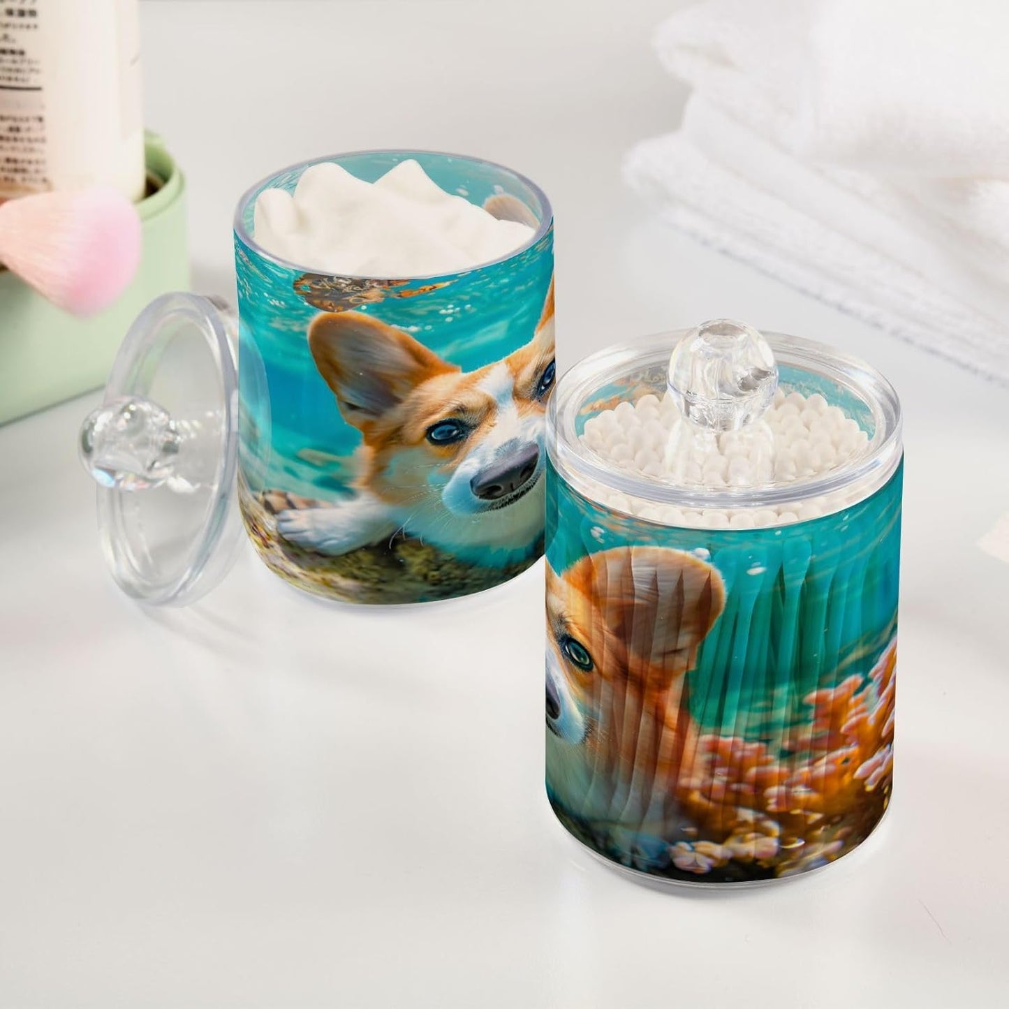 2 Pack Qtip Holder Organizer Dispenser Corgi Dog Underwater Bathroom Storage Canister Cotton Ball Holder Container for Cotton Pads/Swabs/Floss