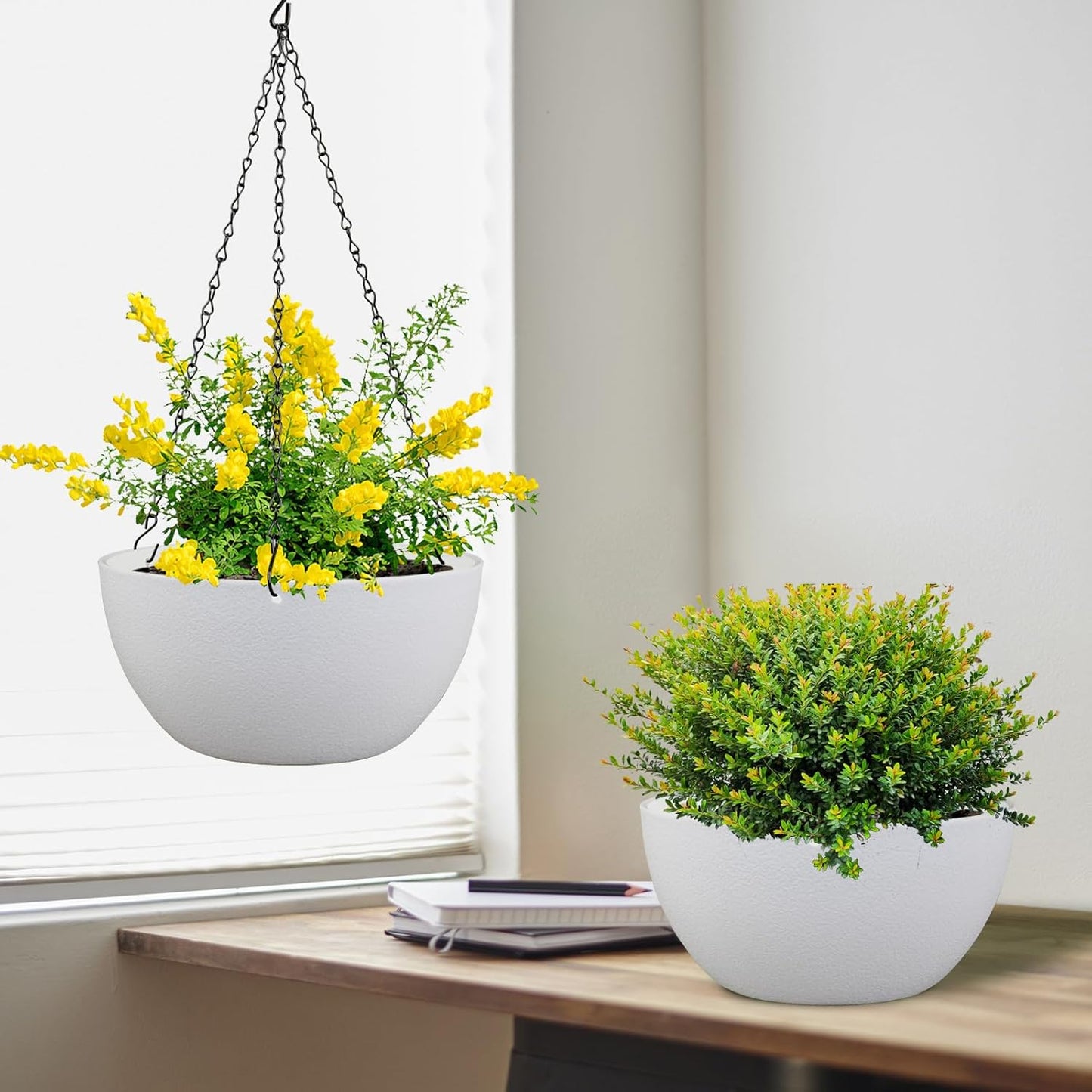 12 inch Large Hanging Planters for Indoor Outdoor Plants, 2 Pack Hanging Flower Pots with Drainage Holes and Chain for Garden Porch, Plastic Hanging Baskets for House Plants, White