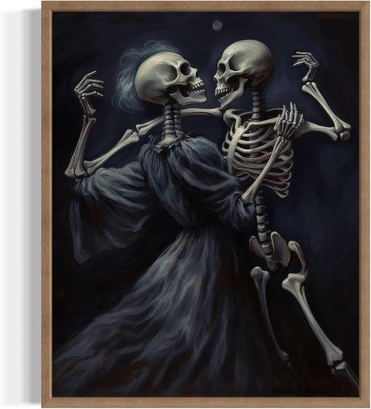 Dancing Skeleton Poster Art Print, Halloween Scary Vintage Wall Art Academia Spooky Painting Decoration for Horror Prints, Gothic Posters Bedroom Decor 89 (Dancing Skeleton, 16 x 20 inches, Wood Frame)