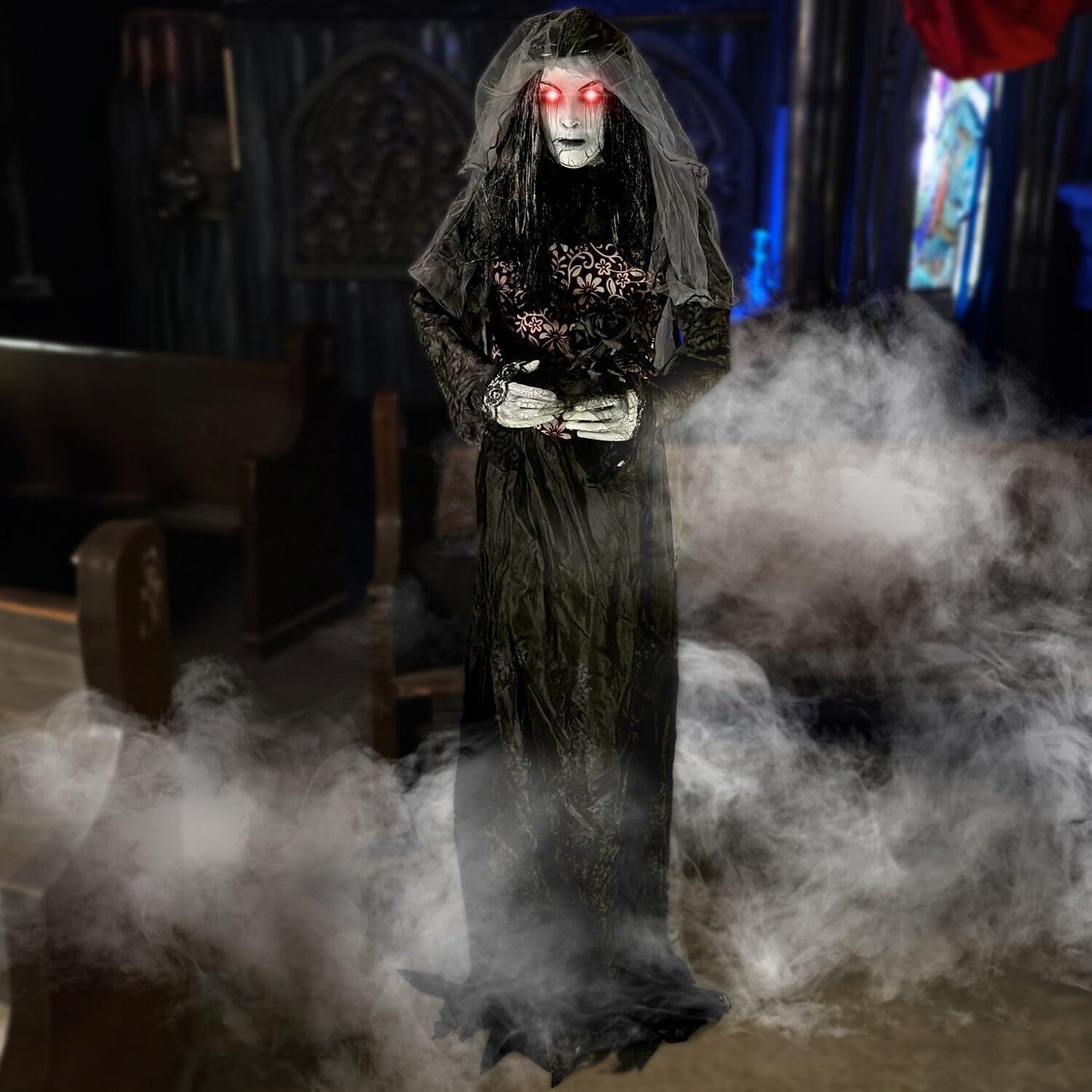 Haunted Hill Farm Rising Ghost Bride by Tekky, Battery-Operated, Sound Activated Animatronic with Sound Effects and Lights for Indoor or Covered Outdoor Creepy Halloween Decoration