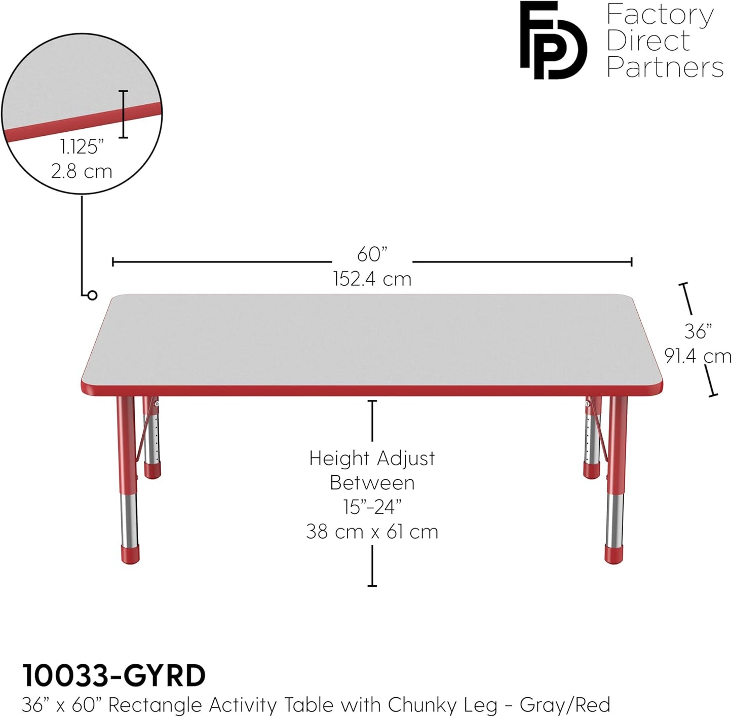 Factory Direct Partners FDP Rectangle Activity School and Classroom Kids Table (36 x 60 inch), Toddler Leg, Adjustable Height 15-24 inches - Gray Top and Red Edge