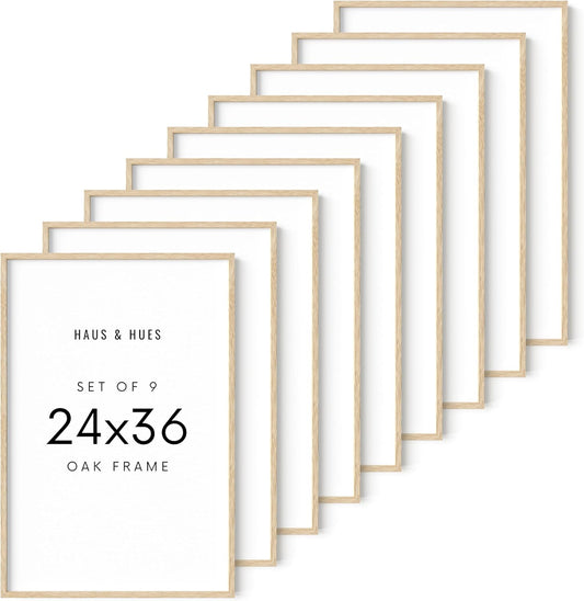 HAUS AND HUES Square Picture Frames 24 x 36 Set of 9 - Photo Gallery Wall Frame Set, Wood 24x36 Frames, 24 x 36 Frames Gallery Wall Set, 24x36 Frame with Mat, Square Frames 24x36 (Beige Oak Frames)