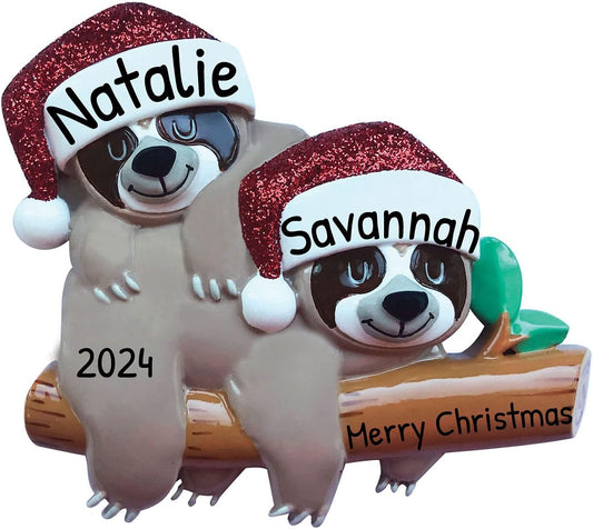 3D Personalized Our First Christmas Ornament 2025 Sloth Couple Ornaments in Santa Hats Couples Ornament 2025 Family of 2 Sloth on Log Xmas for a Couple Ornaments Couples Unique Gifts