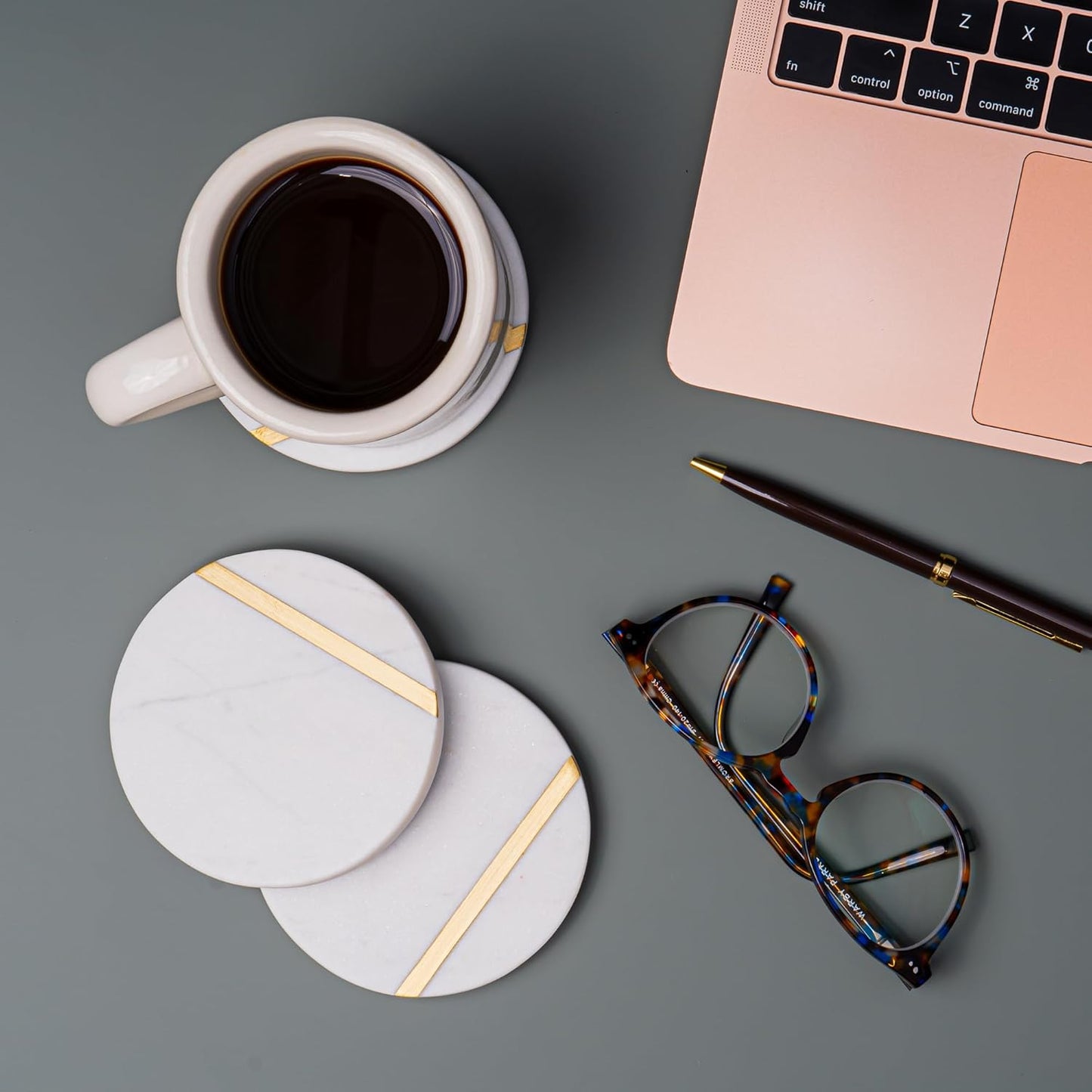Cork & Mill Marble Coasters Set of 6 - Luxury Aesthetic Modern Decor for Coffee Table- White Marble with Gold Brass Inlay - Real Natural Semi Absorbent Stone Coasters
