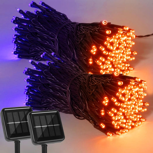 2 Pack 400 LED Solar String Lights, 8 Modes Solar String Lights for Outside, Waterproof and Solar Powered Outdoor String Lights for Holiday Christmas Yard Garden Tree Wedding Party (Orange Purple)