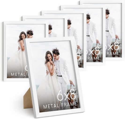HAUS AND HUES 6x8 White Metal Picture Frames - Photo Frames 6x8 - Features Premium Aluminum, Vertical Hanging, Easel Back for Tabletop, Home, Office (6x8 in, White, Set of 6)