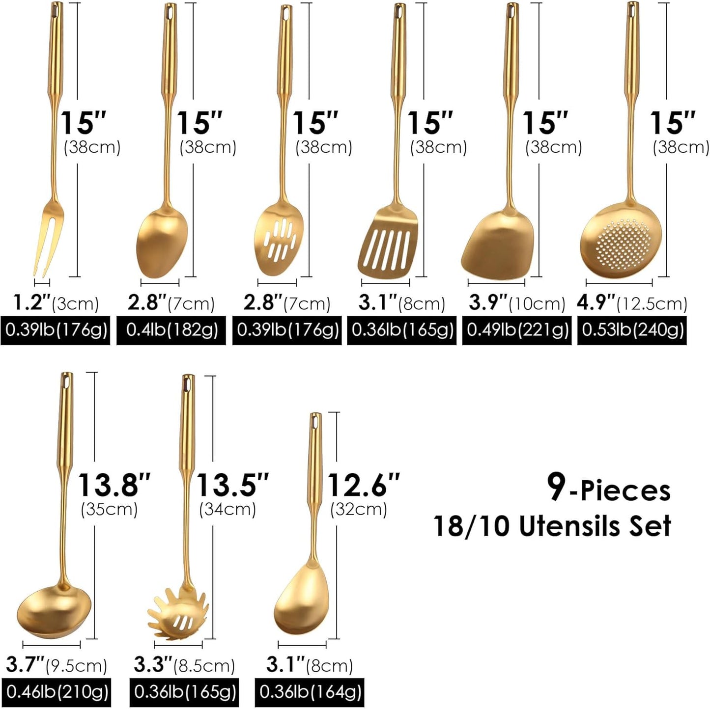 Gold Kitchen Utensils Set - 18/10 Stainless Steel Cooking Tools, 15" All Metal Serving Utensils with Fork, Solid/Slotted Spoon, Spatula, Ladle, Skimmer, Tunner, Pasta Spoon, Large Spoon, Set of 9