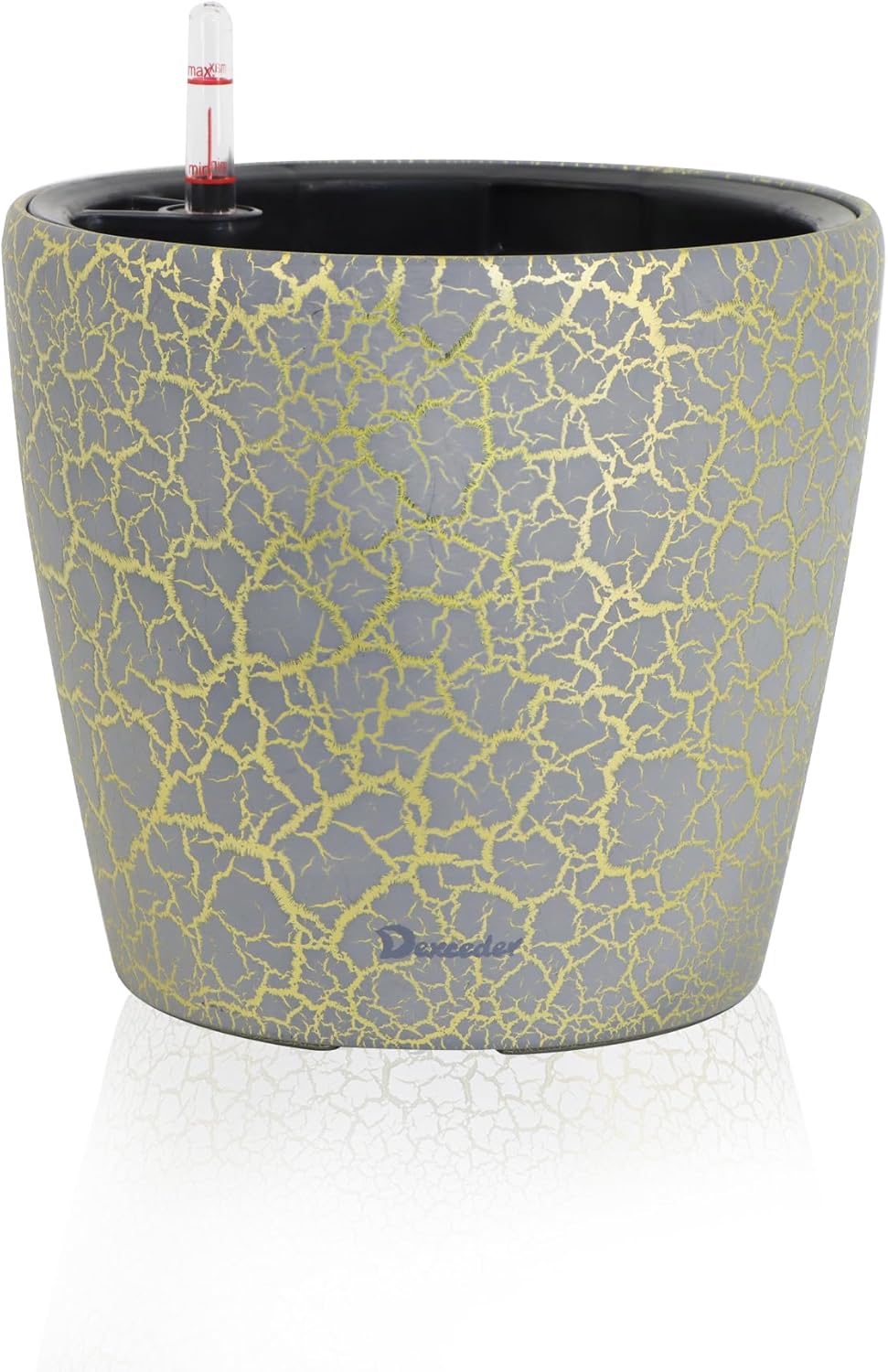 Dexceder 11x10 Inches Self Watering Planter Indoor Outdoor, Inner Pot Design, Thickened Table Flower Plant Pot with Water Level Indicator (Grey Gold Crackle)