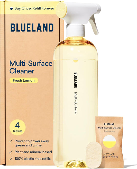 BLUELAND Multi-surface Cleaner, Starter Set, Fresh Lemon Scent, Spray Bottle with 4 Refill Tablets, All-Purpose, Eco-Friendly Cleaning Supplies, 4 x 24 Fl oz