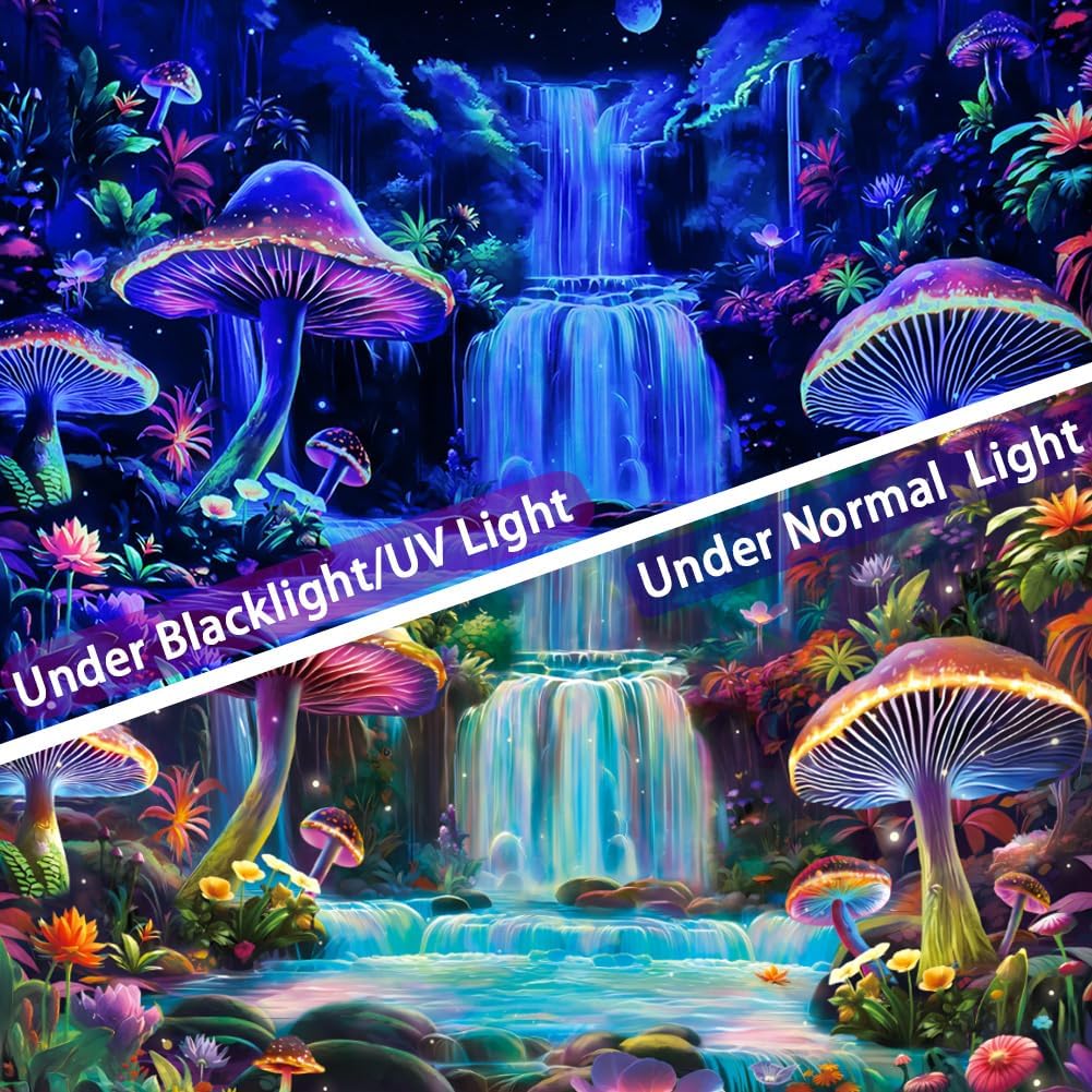 Dermijer Blacklight Tapestry Fantasy Mushroom Forest Tapestries UV Reactive Waterfall Tapestry Moon Night Neon Flower Landscape Wall Hanging for Home Decor L78.7×W59.1