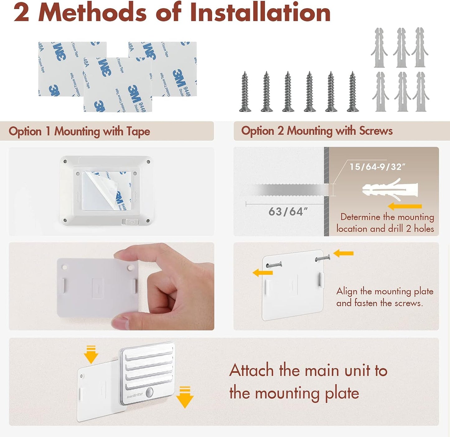 EverBrite Motion Sensor Night Lights, LED Soft Warm Light, Battery Powered Auto Stick-On Night Light for Bedroom, Bathroom, Stair, Closet, 9 AA Batteries Included(3 Pack)