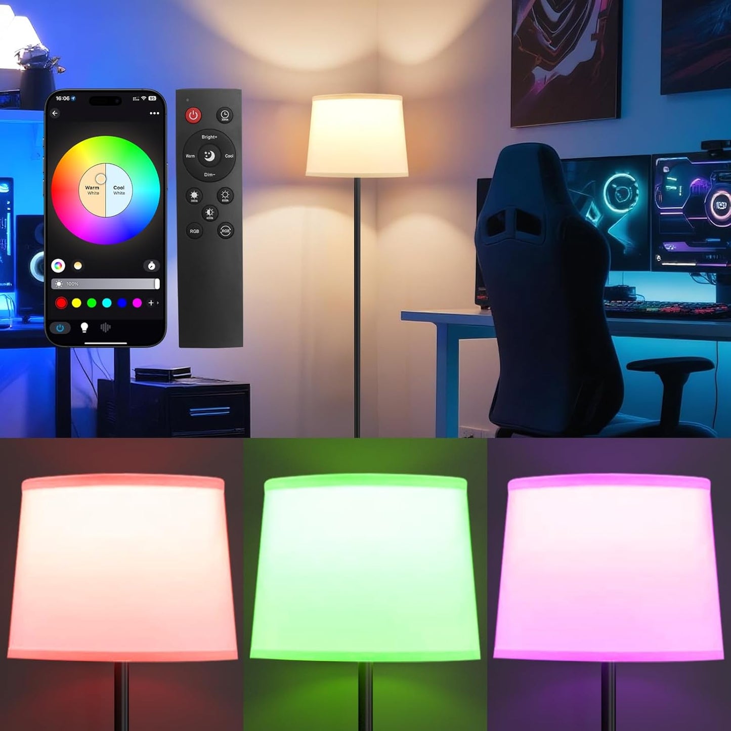 Floor Lamp for Living Room Bedroom,Modern Floor Lamp with Remote, Simple Design with White Shade,Foot Pedal Switch,Dimmable Colors Temperature,9W RGB LED Bulb