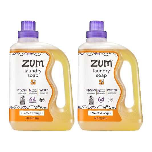 Zum Laundry Soap by Indigo Wild - Liquid, Plant-Based Soap with Baking Soda, Essential Oils, Coconut Oil & More - Wash Up to 64 Loads - Sweet Orange - 64 fl oz (2 Pack)