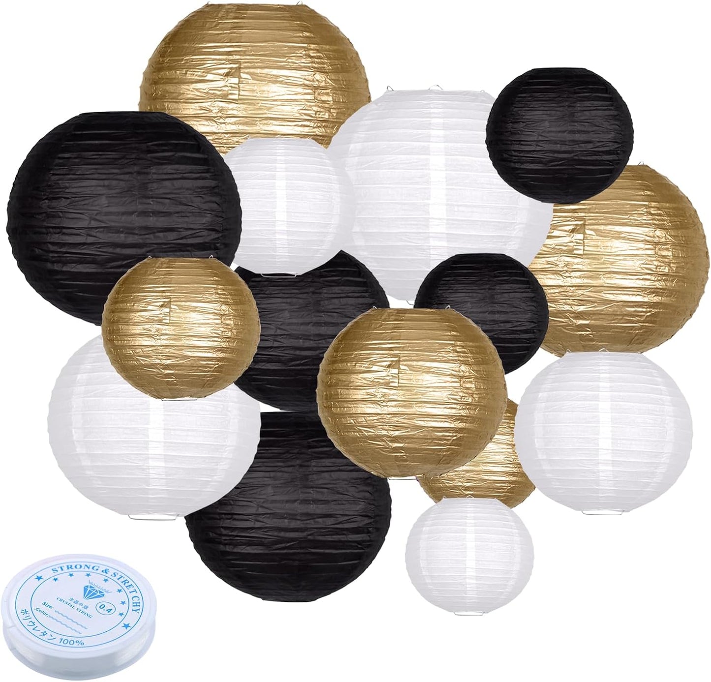 15pcs Paper Lanterns Black Gold Round Hanging Chinese Paper Lanterns 4" 6" 8" 10" 12" for Bachelorette Engagement Wedding Baby Bridal Birthday Party Decorations