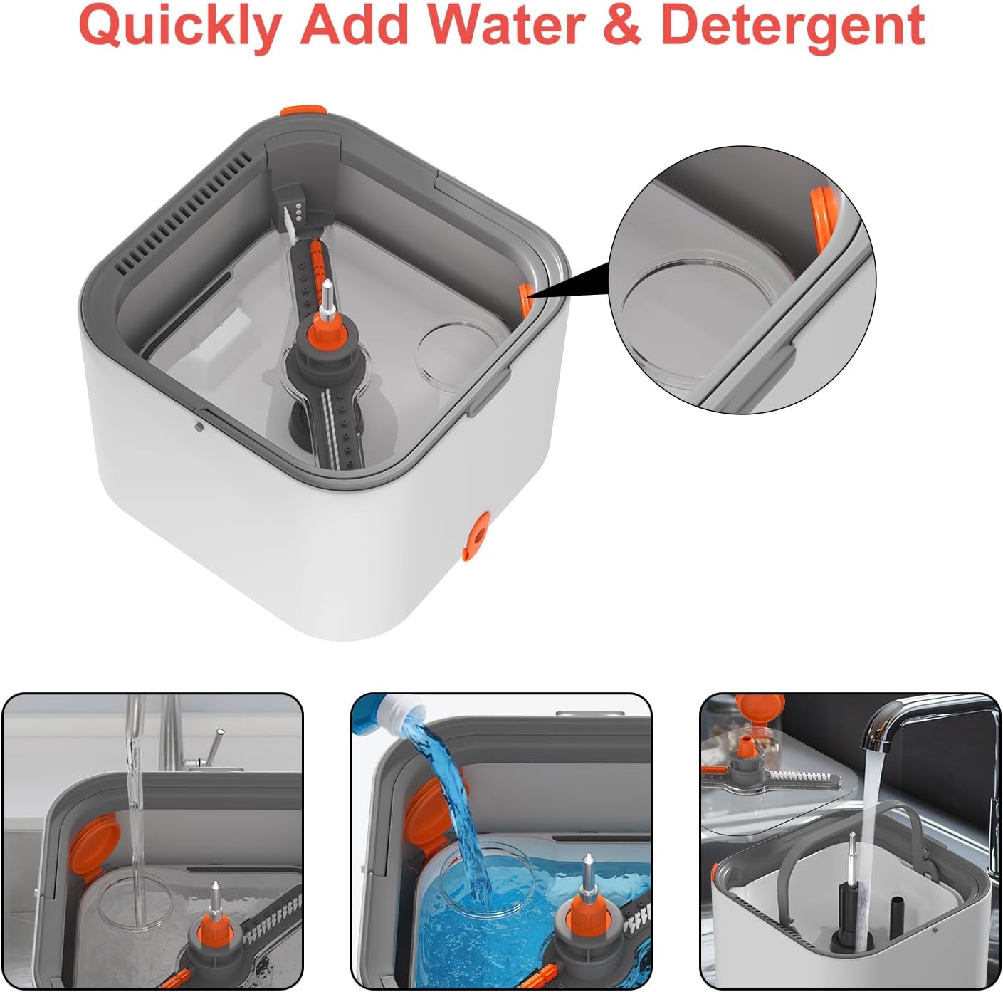 Mop and Bucket Set, Spin Mop with Self Seperates Dirty Water System, Square Mops for Floor Cleaning, 360 Rotating Foldable Standing Mop Head, Versatile Mops for Walls (Mop Bucket with 4 Pads)