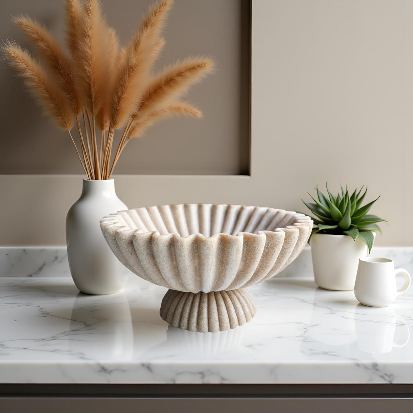 10" Large Decorative Bowl decor, Scalloped Bowls for Modern Home Decor,Ruffle Decor,Stylish Key Bowl for Entry Table,Decorative Fruit Bowl for Kitchen Counter,With base,Artificial Stone Beige