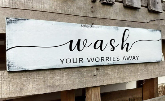Farmhouse Bathroom Sign, Wash Your Worries Away, Rustic Wooden Bathroom Wall Art Decor, Inspirational Signs Bath Wall Hanging Art Home Decor (Wash) 6x16 Inch