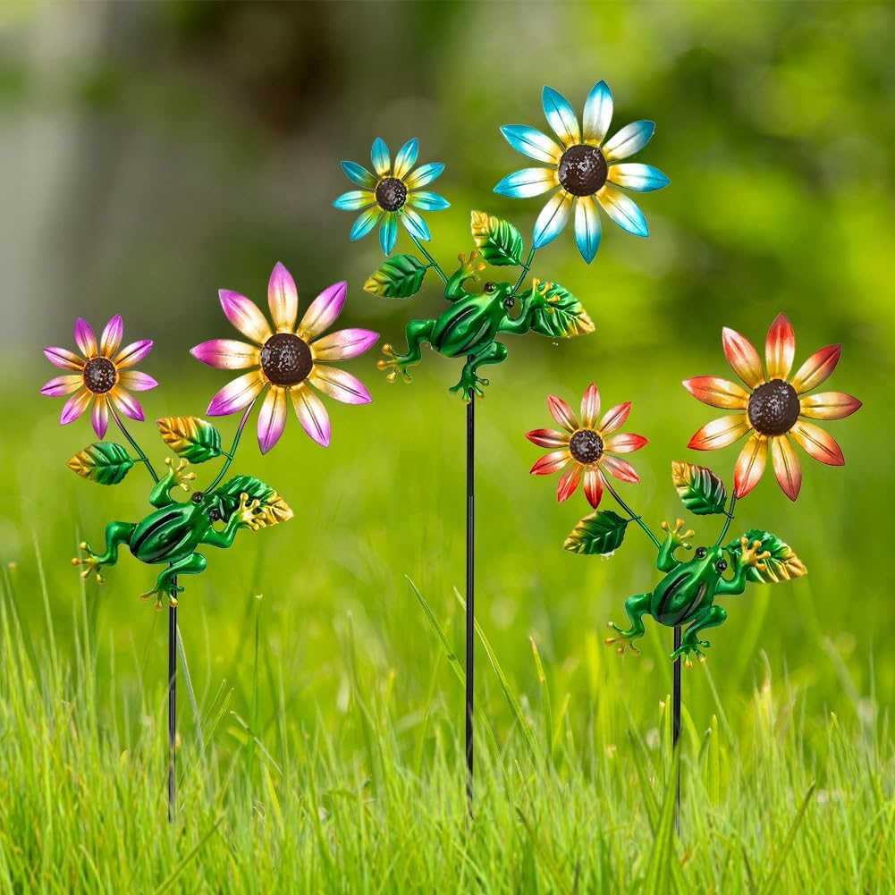 3 Pack Frog＆Flowers Garden Stakes Decor,Metal Yard Art Decorative Garden Stakes,Metal Flowers Spring Outdoor Decor for Mom,Women,Grandma