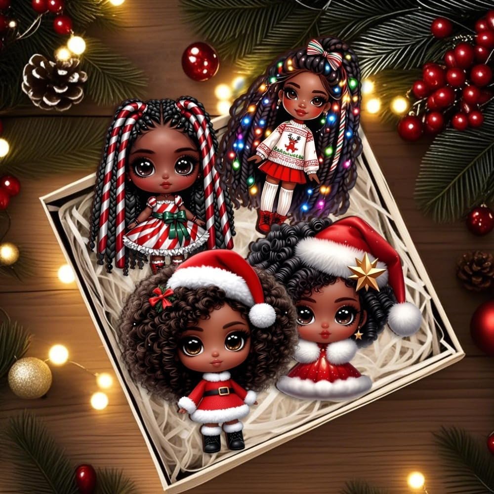 16pcs African American Black Chibi Girl Ornaments - Xmas/Christmas Wooden Decor, Gift Boxed for New Year/Carnival | Home/Window/Tree/Office/Classroom/Wine Bottle Party Deco, Black Heritage Pendants