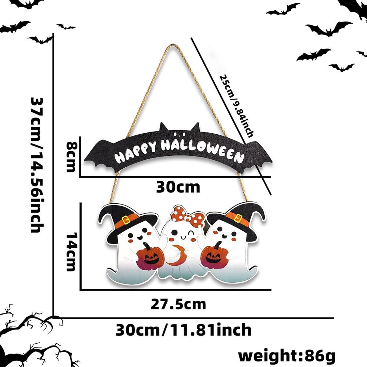 Happy Halloween Wooden Decoration Hanging Plaque Outdoor Wall 2 Pieces Cute Art Sign Wreaths with Ghost Bat Pattern for Home Wall Decor Halloween Party Outdoor Indoor