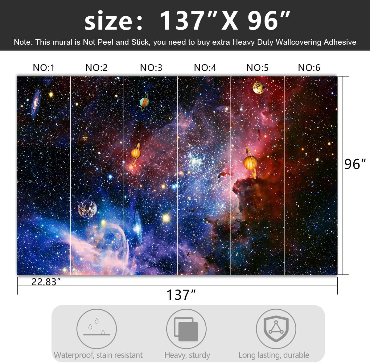 -Galaxy Universe Planet Ceiling Fabric Wallpaper Boys Girls Nursery Starry Sky Children Bedroom Bathroom Large Mural- 137"x96"（ not Peel and Stick）