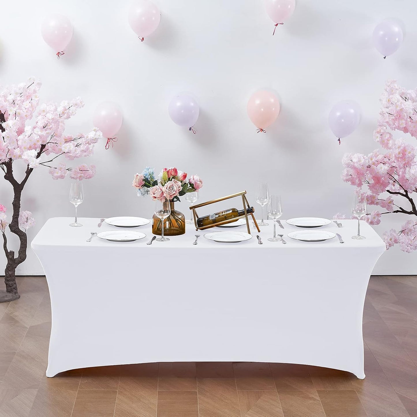 CWK 6FT 2Pcs Stretch Spandex Table Cover for Rectangular Tables - Elastic Fitted Tablecloth for Folding Tables, Wrinkle Resistant, Durable Table Protector for Parties,Weddings,Banquets &Events (White)