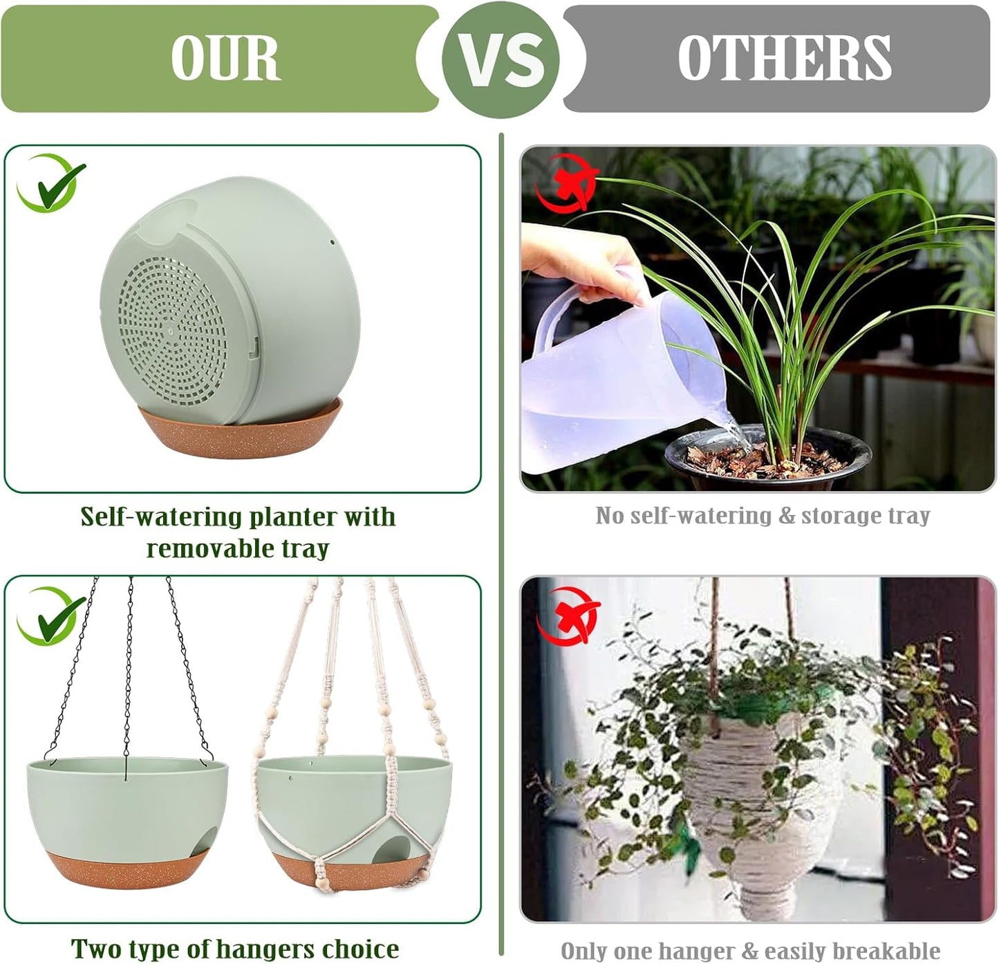 Hanging Planters for Outdoor Indoor Plants, 2 Pack 12 Inch Hanging Basket Plants Outdoor, Self Watering Hanging Planter with Plant Hanger for Garden Home Decoration (2 Type Plant Hangers Green)